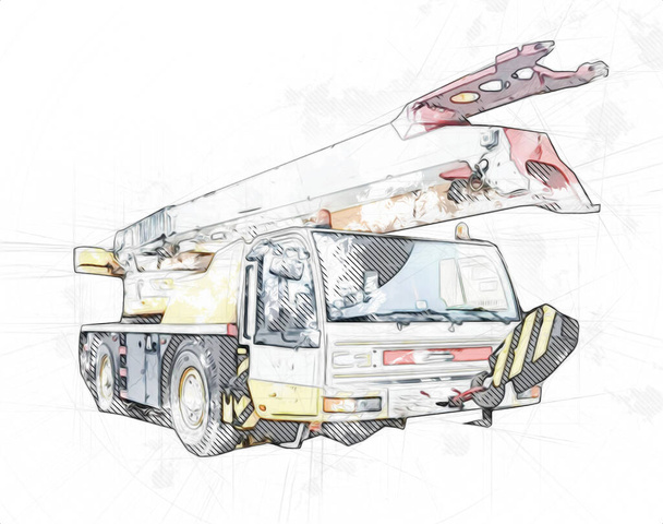 mobil daru emelt boom szabadban teherautó vintage rajz vázlat - Fotó, kép