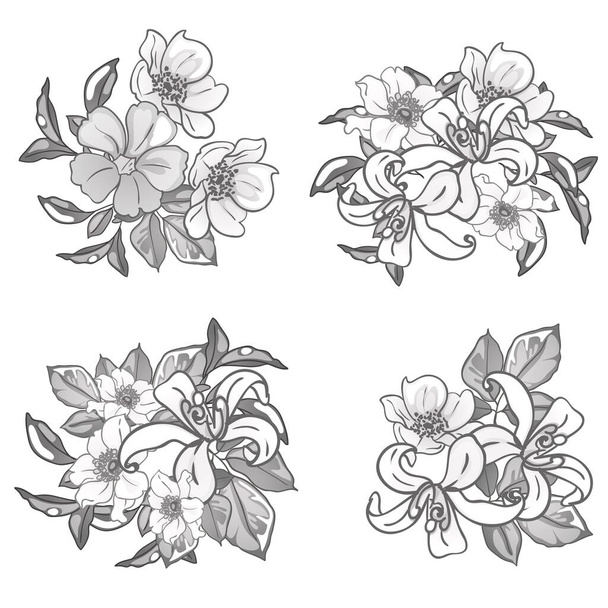 set of black floral stickers isolated on white background - Διάνυσμα, εικόνα