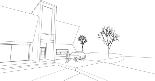 архитектурный эскиз дома 3D иллюстрация - Вектор,изображение