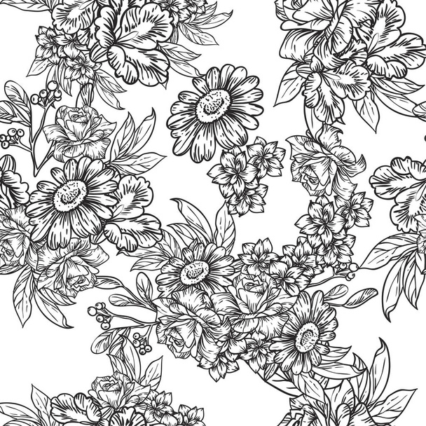 black and white floral pattern, digital wallpaper - ベクター画像