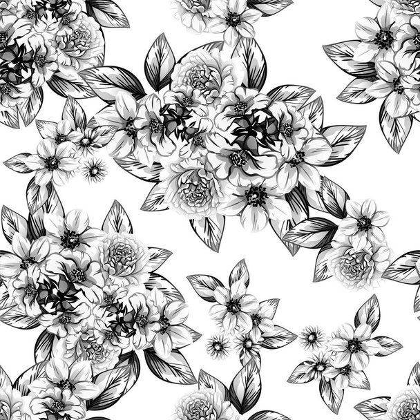 black and white floral pattern, digital wallpaper - Vektor, obrázek