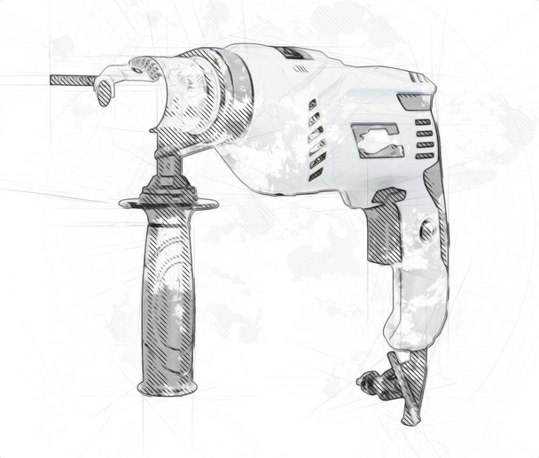 Broca sem fio com broca de trabalho também como parafuso arma arte ilustração desenho esboço - Foto, Imagem