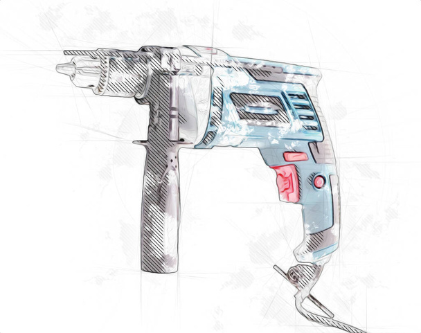 Беспроводная дрель с сверлом работает также в качестве иллюстрации рисунка винтовой пушки - Фото, изображение