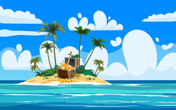 Treasure exotic tropical Island, ancient pirate treasure chest, scull, plants, palms, sea, ocean, clouds. Sea landscape coast, beach, sand, adventure, game. Vector illustration - Vector, Image