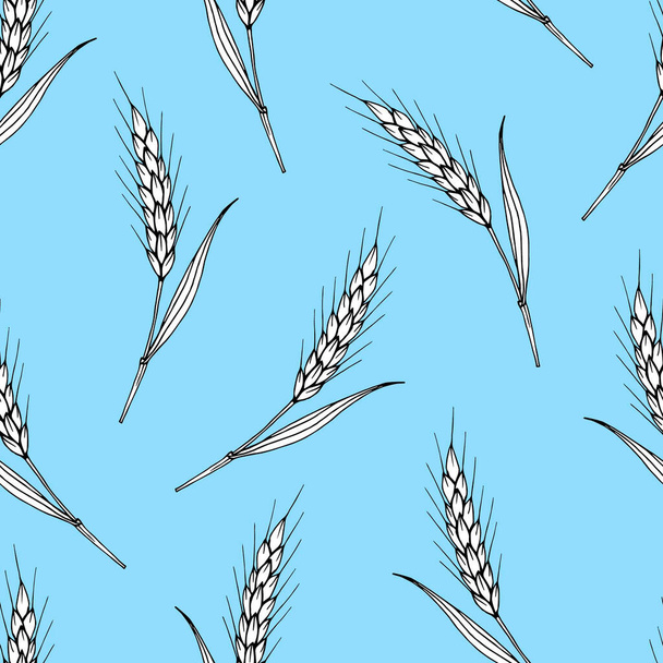 Hand-drawn calm vector seamless pattern. White ears of wheat with a black outline on a gentle light blue background. For prints of fabrics, textile products, packaging, labels. - Vector, Image