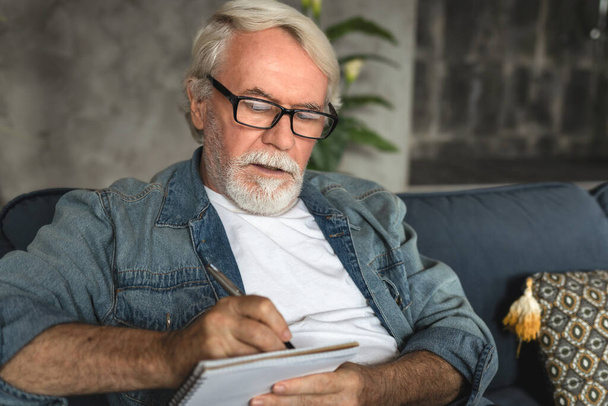 Homme âgé prenant des notes dans un carnet tout en étant assis sur le canapé, homme âgé aux cheveux gris intelligent écrivant des pensées et des idées dans un carnet - Photo, image
