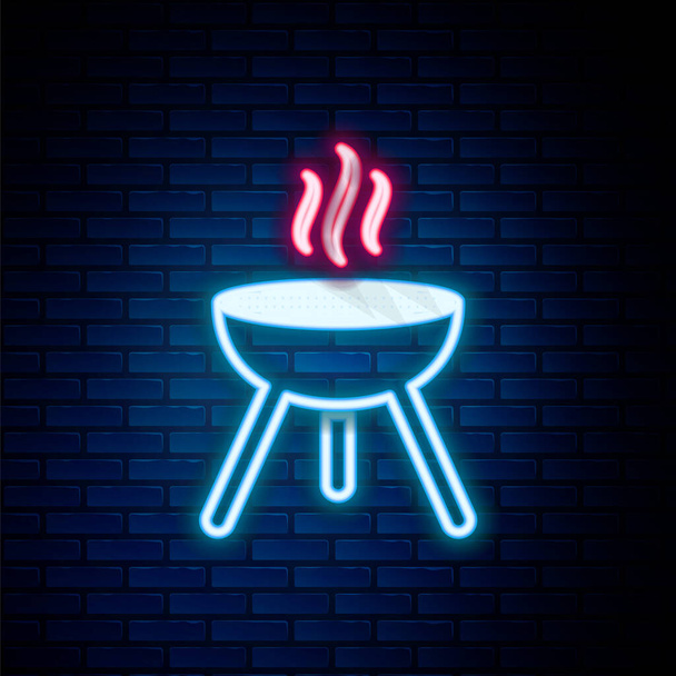 Świecące neon line Grill grill ikona izolowana na tle cegły ściany. Grillowa impreza. Kolorowy koncept. Wektor - Wektor, obraz