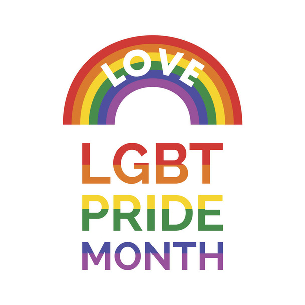 LMBT Pride Month poszter szivárvány alakú vektorral. Szivárvány ikon szó szeretet, lgbt támogatás szimbólum vektor. LMBT tervezési elem elszigetelt fehér alapon - Vektor, kép