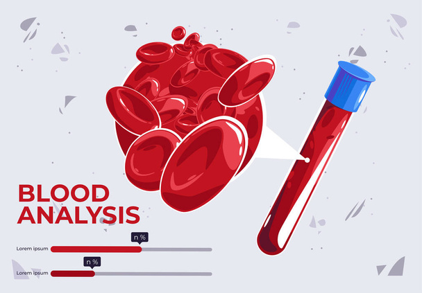  illustrazione vettoriale di un modello per l'analisi del sangue in un tubo di vetro con un'immagine ingrandita delle cellule del sangue - Vettoriali, immagini