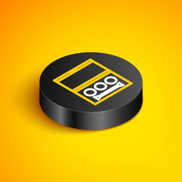 Isometric line Eye shadow palette with brush icon isolated on yellow background. Black circle button. Vector - Vector, Image