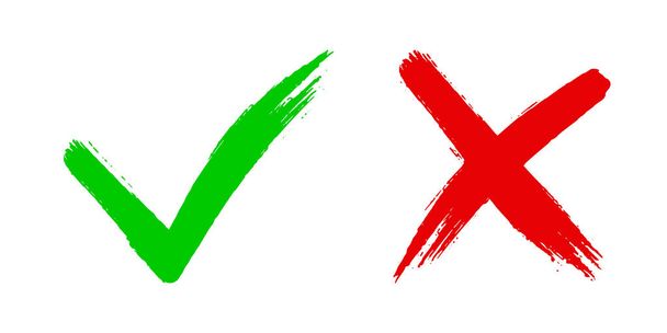 Két piszkos grunge kézzel húzott kefe stroke kereszt x és kullancs v OK ellenőrző jel vektor illusztráció elszigetelt fehér háttér. - Vektor, kép