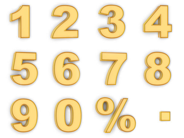 Numerical letters with percentage symbol and a dot symbol in gold color - 3D illustration - Φωτογραφία, εικόνα