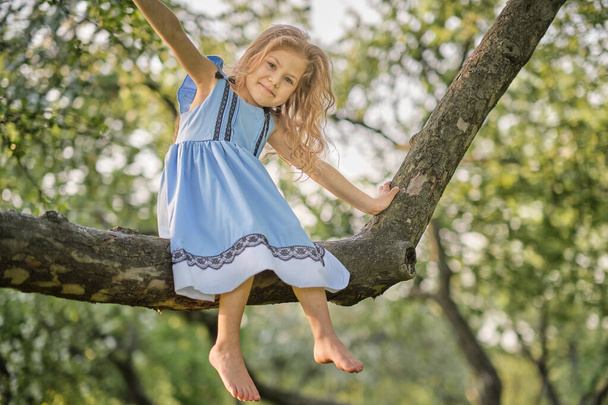 Очаровательная маленькая девочка наслаждается своим временем в парке в теплый и солнечный летний день. Ребенок веселится на школьных каникулах. храбрая маленькая девочка в синем платье сидит на ветке дерева в саду. - Фото, изображение