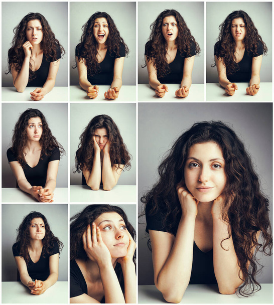 σύνολο πορτρέτα των νέων όμορφη συναισθηματική γυναίκα ποζάρουν σε λευκό φόντο - Φωτογραφία, εικόνα