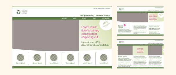 simple universal web page cover design in green eco natural color. website layout template, social media cover with menu, navigation, copy space. commercial fresh vector banner, vertical presentation - Vector, Image