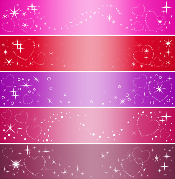 Conjunto de cinco banderas de colores con corazones y destellos
 - Vector, imagen