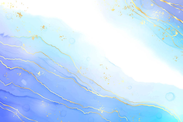 Fondo de acuarela de mármol líquido azul turquesa y azul azulado abstracto con patrón de olas y grietas doradas. Efecto de dibujo de jaspeado de tinta de alcohol cian. Plantilla de diseño de ilustración vectorial para invitación - Vector, imagen