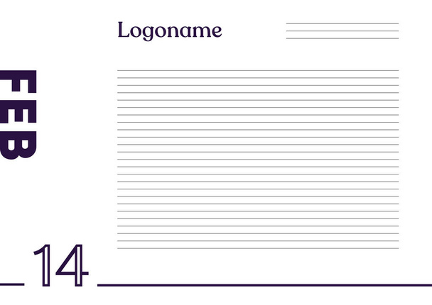 14 février Calendrier sur papier pour ordinateur portable avec logo sur fond blanc      - Vecteur, image