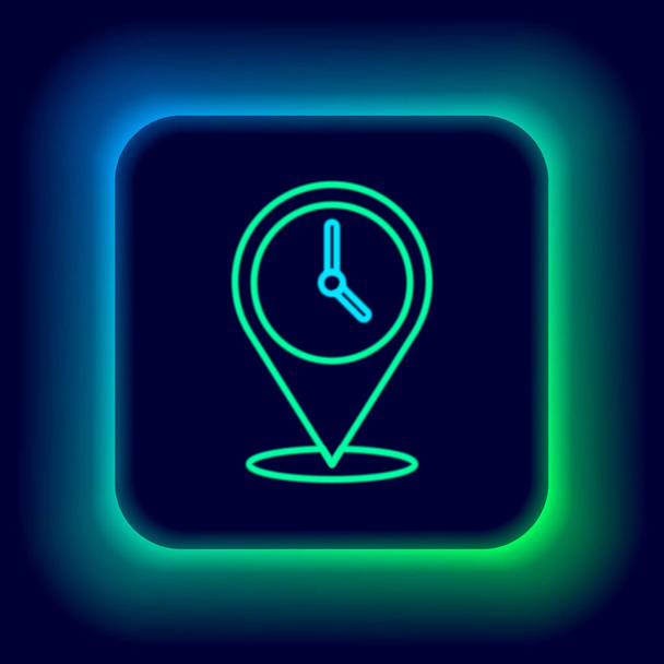 Glowing neon line Location with clock icon isolated on black background. Colorful outline concept. Vector - Vector, Image