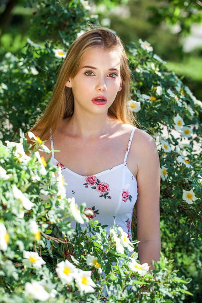 Close-up portrait of a teenage girl on the background of a summer park - Φωτογραφία, εικόνα