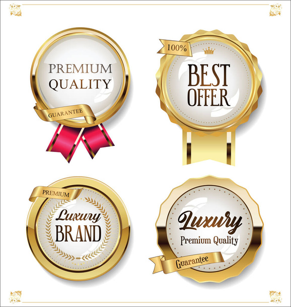 Collection of golden badges labels laurels and ribbons - Vector, Image