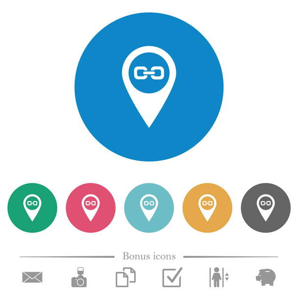 Link GPS mapa localização plana ícones brancos em fundos de cor redonda. 6 ícones de bônus incluídos. - Vetor, Imagem