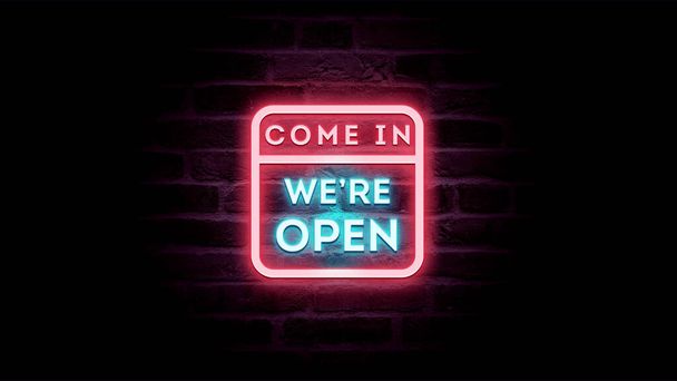 come in we are open sign neon text design on bricks background   - Photo, Image