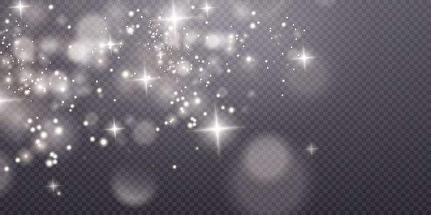Licht sprankelend stof met witte fonkelende sterren op een transparante achtergrond. Glinsterende textuur. Kerst effect voor luxe begroeting rijke kaart.  - Vector, afbeelding