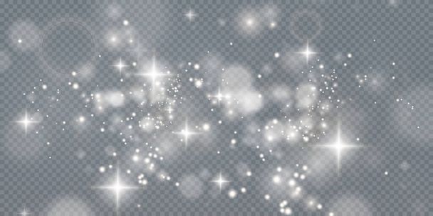 Leichter funkelnder Staub mit weiß funkelnden Sternen auf transparentem Hintergrund. Glitzernde Textur. Weihnachtseffekt für Luxus-Grußkarte.  - Vektor, Bild