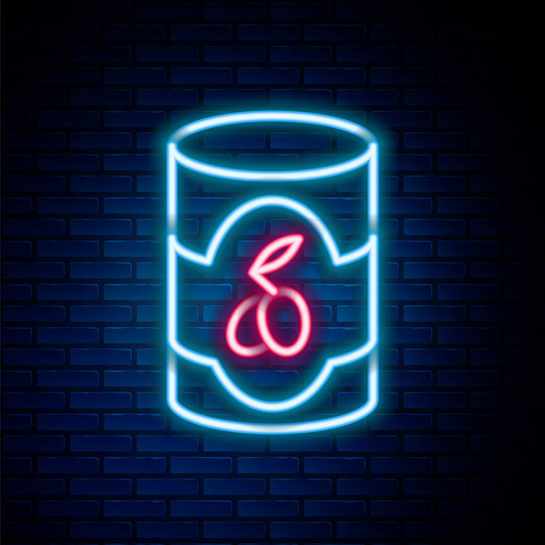 Ragyogó neon vonal Olajbogyó konzerv ikon elszigetelt téglafal háttér. Koncepció konzerv ételről. Színes vázlat koncepció. Vektor - Vektor, kép