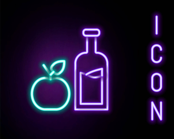 Leuchtendes neonfarbenes Apfelweinflaschen-Symbol auf schwarzem Hintergrund. Trinkglasflasche vorhanden. Buntes Rahmenkonzept. Vektor - Vektor, Bild
