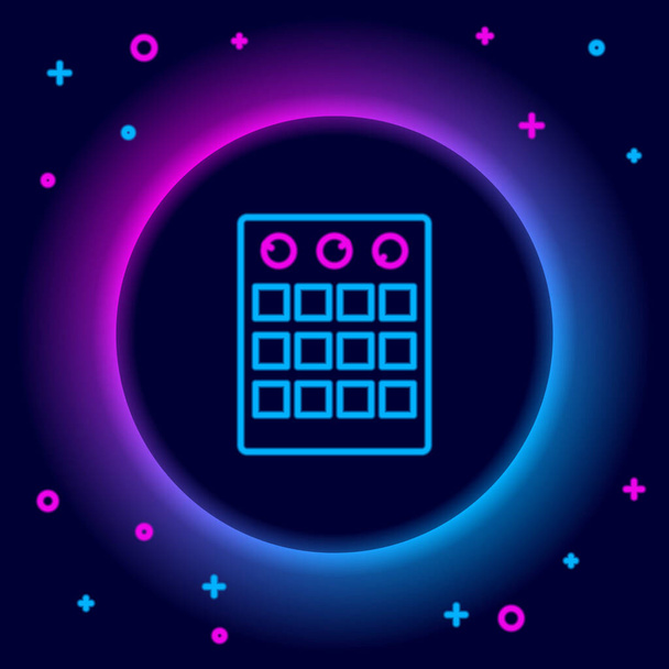Świecąca neonowa ikona automatu perkusyjnego odizolowana na czarnym tle. Sprzęt muzyczny. Kolorowy koncept. Wektor - Wektor, obraz