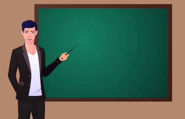 Человек указывает на черную доску с палкой, учитель стоит перед доской премиум-вектор. - Вектор,изображение