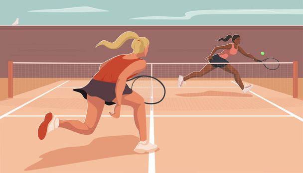 Female tennis player runs to hit the ball with a racket isolated on transparent background. Sportsperson plays tennis, jumps straight to the ball in attempt to hit it using forehand. Match scene. - Vector, Image
