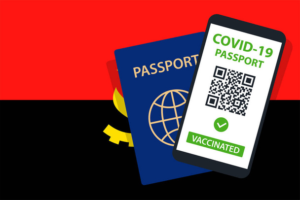 Angola Bayrak Arkaplanı 'ndaki Covid-19 Pasaportu. Aşılandı. QR kodu. Akıllı telefonmuş. Bağışıklık Sertifikası. Aşılama Belgesi. Vektör illüstrasyonu - Vektör, Görsel