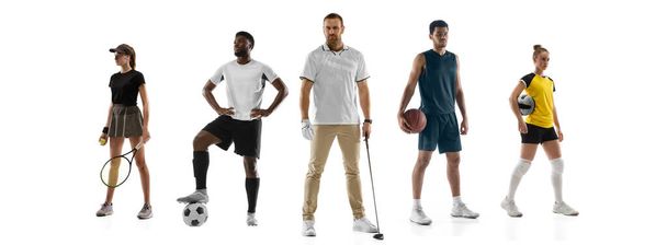 Sport collage. Tennis, fitness, soccer football, boxing, golf, hockey players posing isolated on white studio background. - 写真・画像