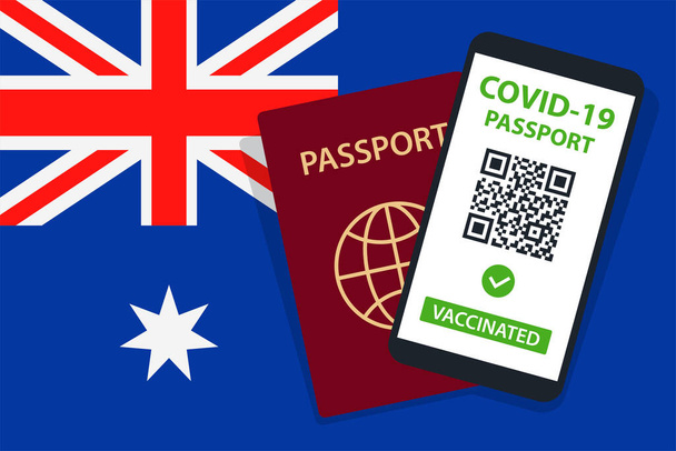 Covid-19 Passport on Australia Flag Background. Vacunado. Código QR. Smartphone. Inmune Health Cerificate. Documento de vacunación. Ilustración vectorial - Vector, imagen