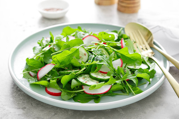 Fresh vegetarian vegetable salad with radish, cucumber and arugula, healthy food. - Φωτογραφία, εικόνα