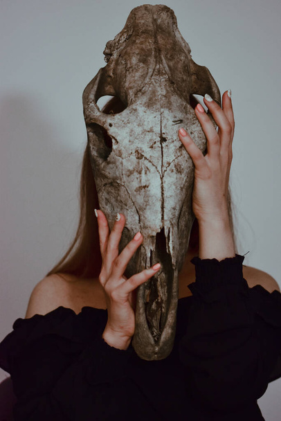 A vertical shot of a female hiding her face behind an animal skull - Photo, Image