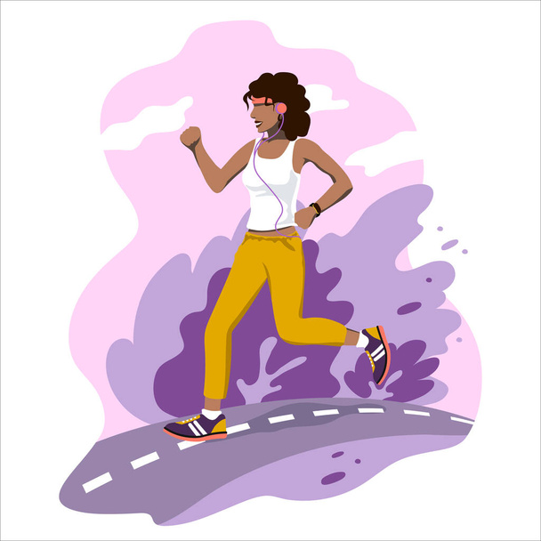 Chica de piel oscura corre a lo largo de la carretera con auriculares con un brazalete de fitness. Ilustración de hacer deporte en la naturaleza y un estilo de vida saludable. - Vector, Imagen