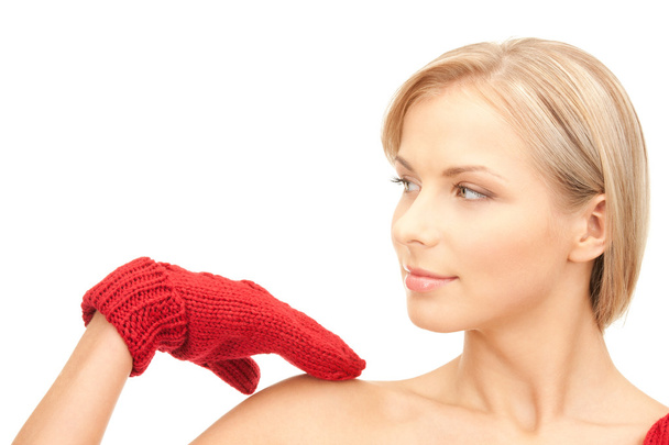 Picture of beautiful woman in red mittens - Foto, imagen