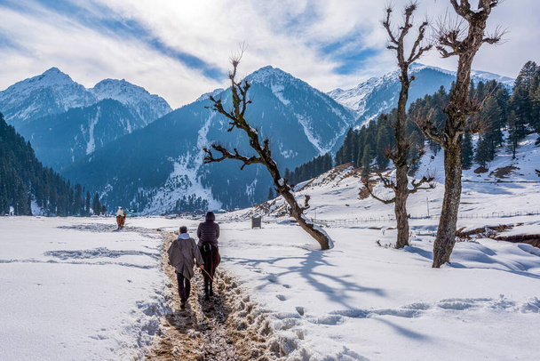 Tourists Enjoying Horse Riding at Aru Valley in winter scene, near Pahalgam, Kashmir, India. - Foto, Imagen