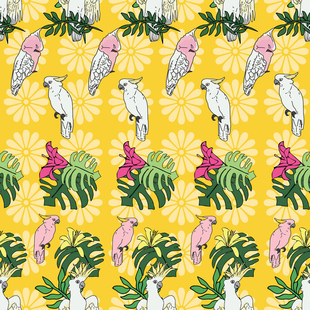 Vector pastel fondo amarillo aves tropicales, loros, planta de queso exótico, monstera, flores de hibisco. Fondo de patrón sin costura - Vector, imagen