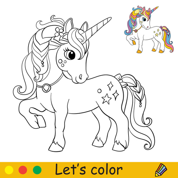 Cartone animato carino unicorno con un ciondolo intorno al collo colorazione - Vettoriali, immagini