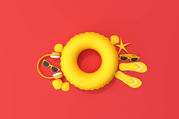 Top view of yellow summer beach concept. Summer accessories, headphone, sunglasses, starfish, shell, inflatable ring and flip-flop on red background. 3D rendering. - Foto, Imagen