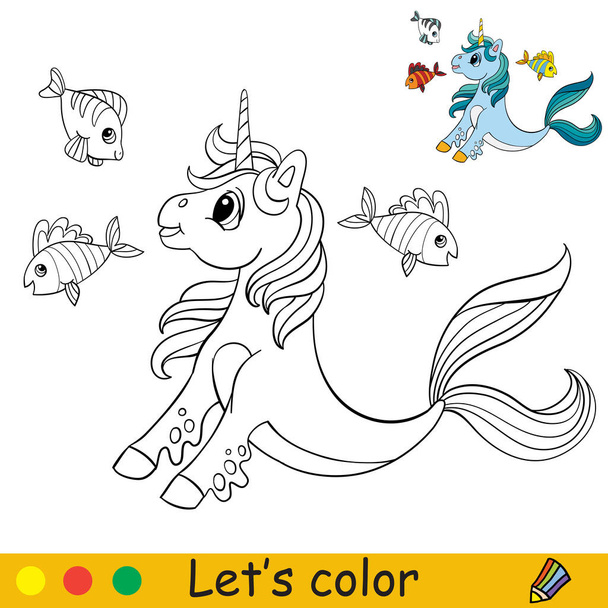 Dibujos animados lindo unicornio de mar con peces para colorear - Vector, Imagen