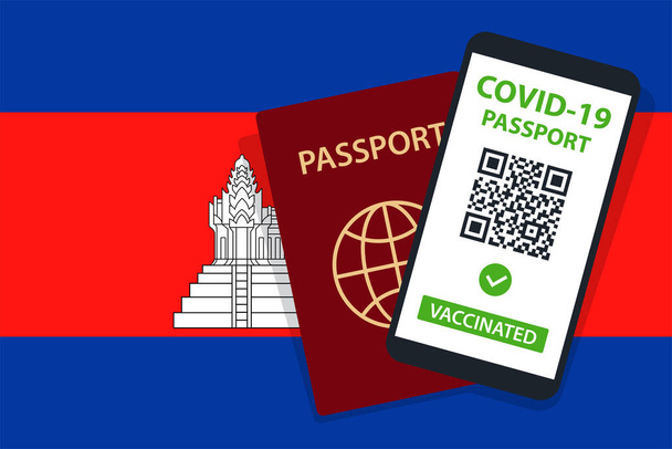 Kamboçya Bayrak Arkaplanı 'ndaki Covid-19 Pasaportu. Aşılandı. QR kodu. Akıllı telefonmuş. Bağışıklık Sertifikası. Aşılama Belgesi. Vektör illüstrasyonu - Vektör, Görsel
