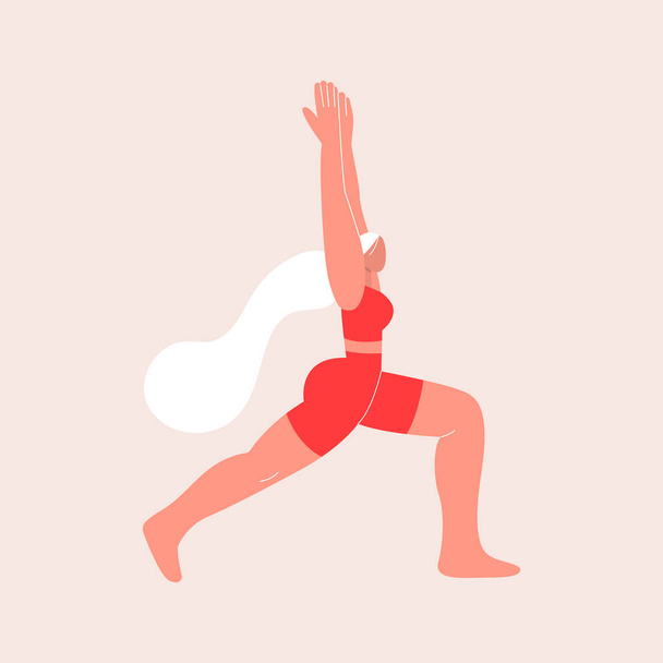 A young Woman standing in the warrior yoga pose. Virabhadrasana. Online courses, education. Vector illustration in flat style. Eps 10. - Vector, Image