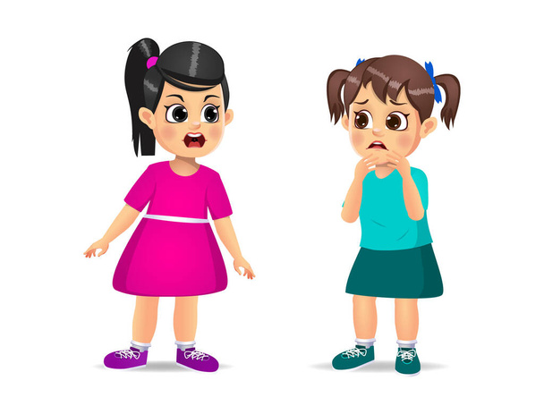 schattig meisje kind boos en schreeuwen tegen klein meisje. geïsoleerd op witte achtergrond - Vector, afbeelding