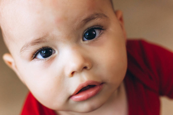 Portret uroczego dziecka z bliska. Słodkie małe niemowlę patrzy do kamery - Zdjęcie, obraz